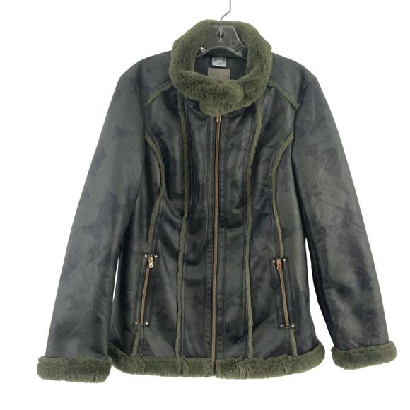 Mona Dark Green Faux Suede Faux Fur Zip-Up Jacket Women's 10 Preowned Polyester - Picture 1 of 5